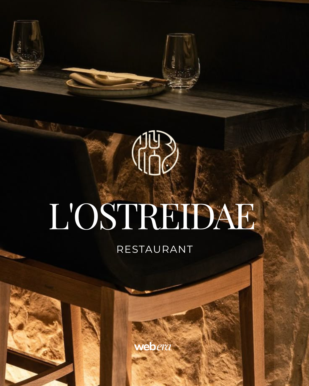 Visuel de marque du restaurant L'Ostreidae sur fond sombre élégant, projet de gestion des réseaux sociaux réalisé par WEB ERA