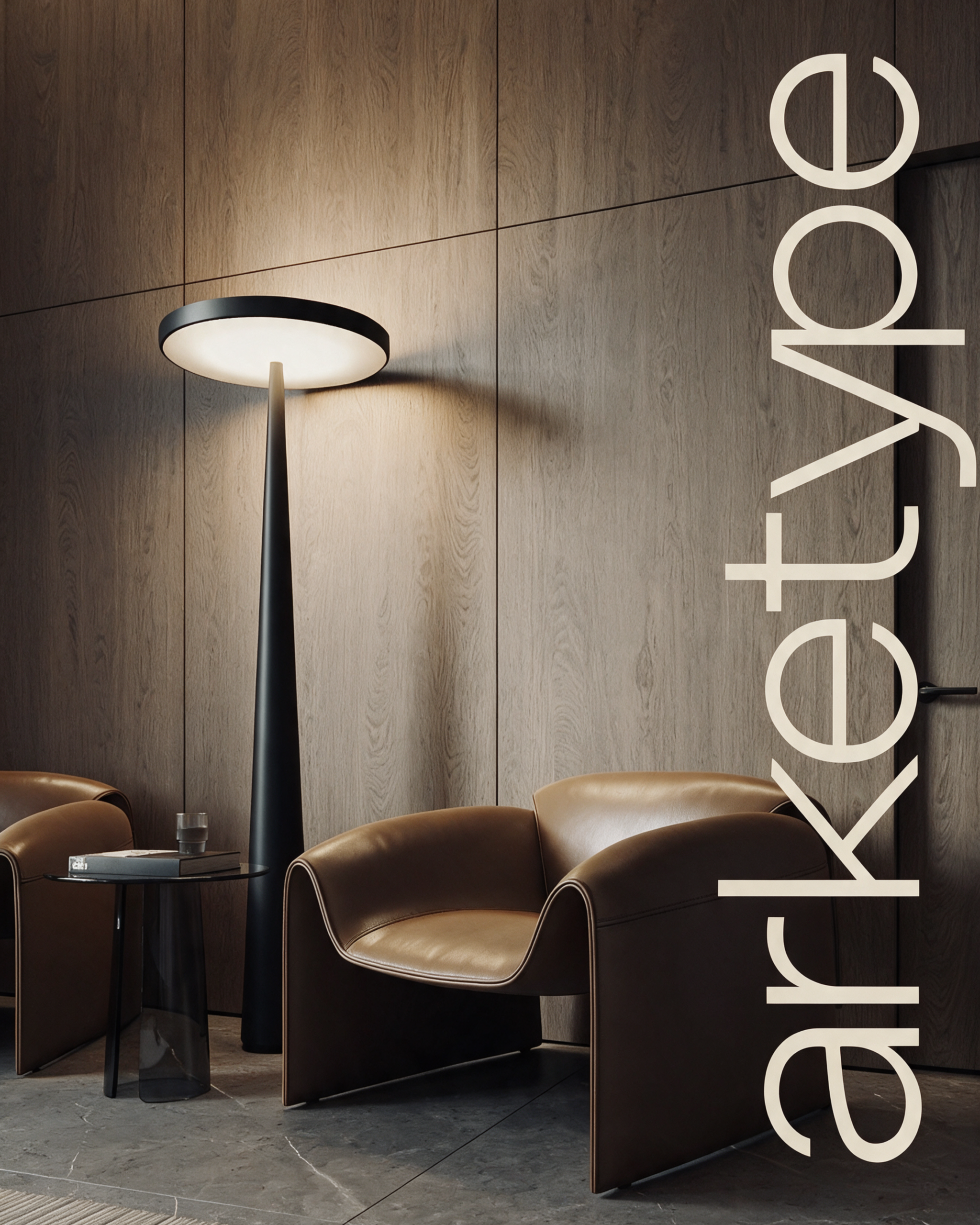 Logo vertical Arketype sur un intérieur en bois et cuir